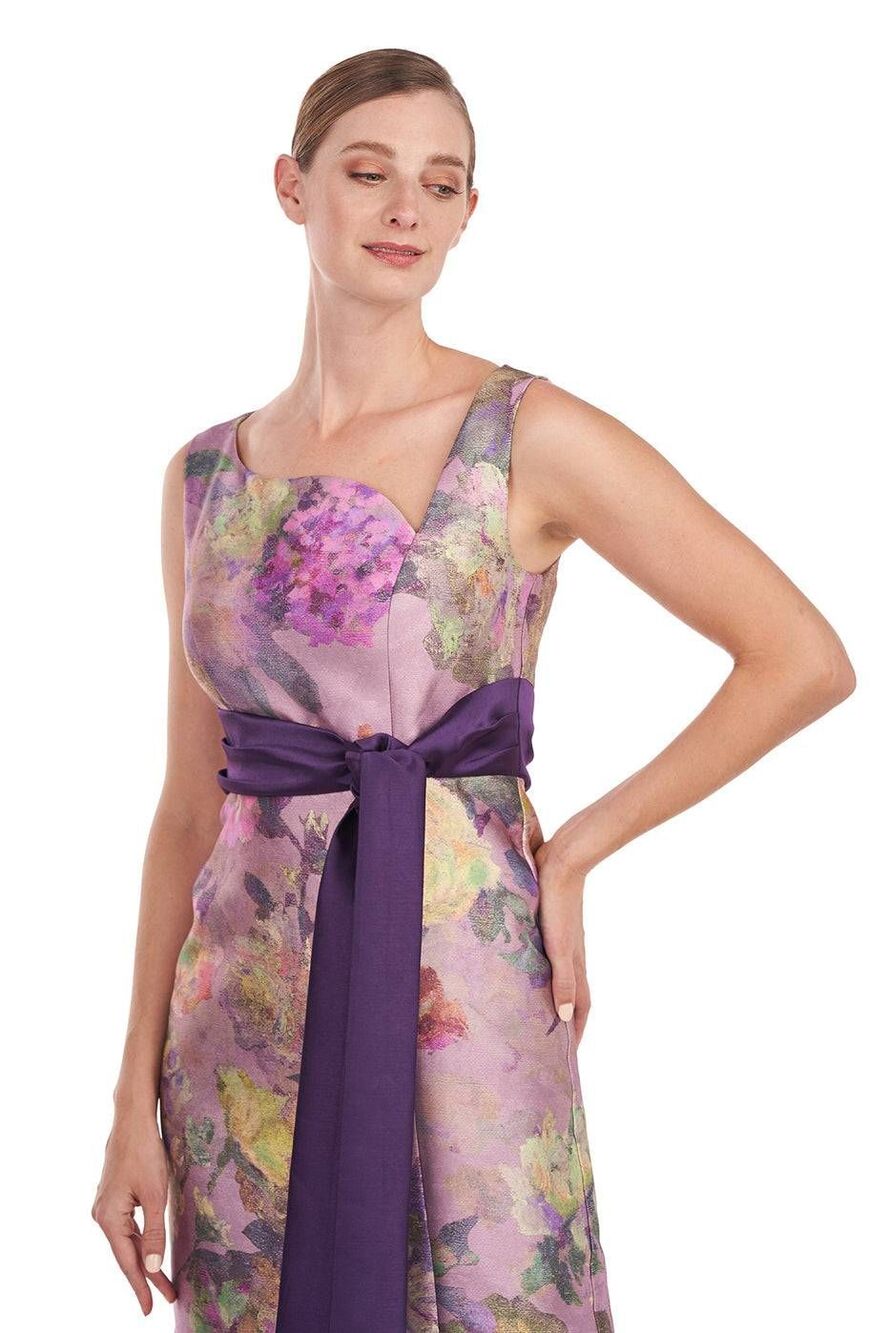 Kay Unger Cosette Column Gown Floral Sleeveless Purple Sash Dress Size 4 - Picture 2 of 10
